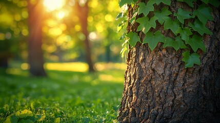 Obraz premium Sunlit park tree trunk with ivy, green grass background