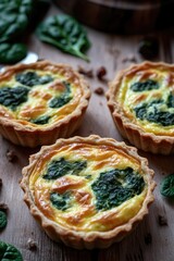Freshly baked quiches with spinach and cheese served on a wooden table, perfect for breakfast or brunch