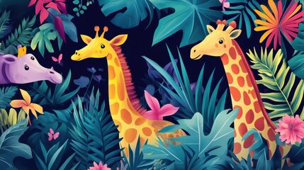 Fototapeta premium Colorful Giraffes Among Tropical Plants and Flowers in Forest Scene