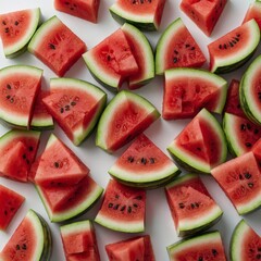 A small bunch of watermelon cubes neatly arranged on a pure white background.