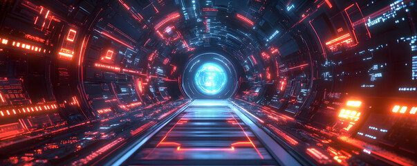 Futuristic tunnel with glowing lights leading to a bright center, showcasing technology