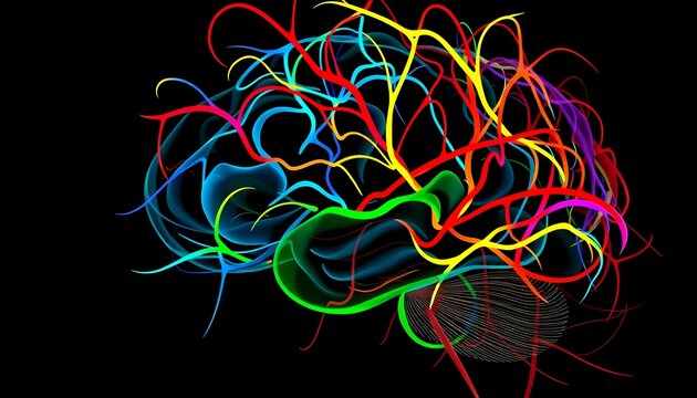 A colorful, abstract representation of a brain's neural pathways, featuring vibrant strands in red, blue, green, and yellow, set against a black background. The design showcases intricate, flowing lin - Powered by Adobe