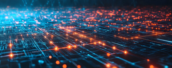 Fototapeta premium Abstract digital landscape with glowing circuits and data connections at night