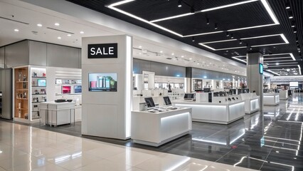 Electronics store sale sign, modern layout, bright display