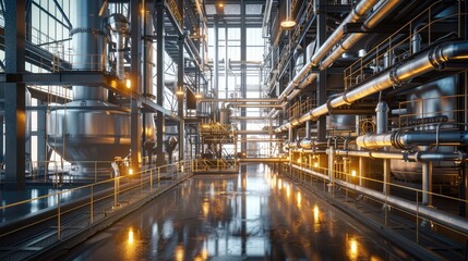 Fototapeta premium Modern Industrial Facility with Steel Pipelines