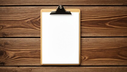  A wooden clipboard with a blank sheet of paper and a black clip. Ideal for to-do lists, presentations, and office stationery mockups.