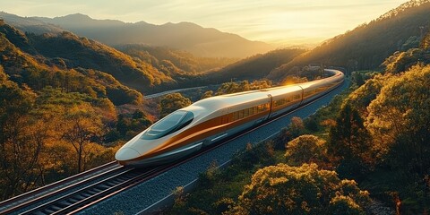 Fototapeta premium Fast bullet train zipping through a scenic valley, surrounded by lush greenery and majestic mountains during a warm sunset glow