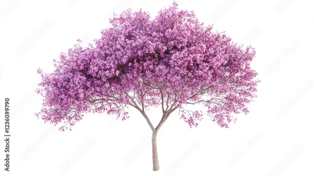 Poster A tree with purple flowers against a white background, perfect for use in designs and projects where a pop of color is needed