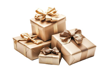 Obraz premium This image showcases a collection of beautifully wrapped gift boxes in a soft beige/tan color, adorned with gold glitter ribbons and bows.