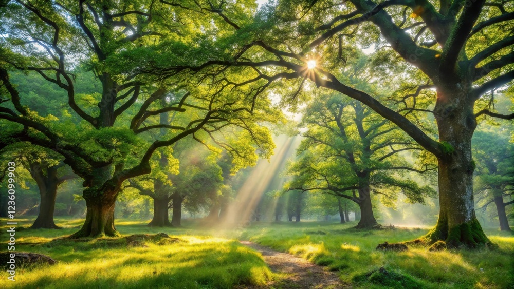 Aufkleber Sunbeams illuminating a path through a verdant forest, creating a sense of serenity and wonder.