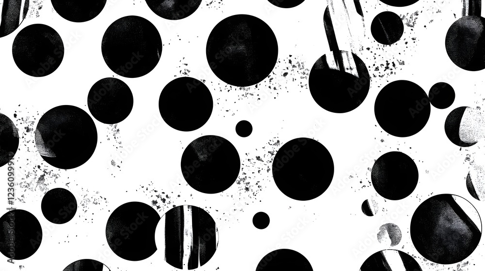 Poster Abstract black and white circular geometric pattern with splatter and grunge texture background  Minimalist modern and contemporary design with clean simple and bold visual elements