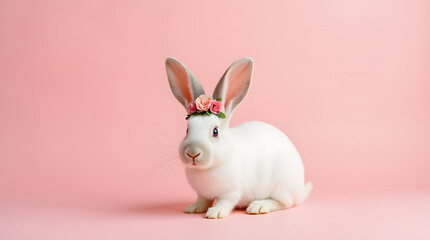Adorable fluffy rabbit wearing a delicate floral crown, sitting against a pastel pink background, embodying the charm of springtime beauty.