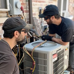 Two technicians are installing a new air conditioning unit outside a home. They are focused on connecting wires and ensuring proper setup in warm weather