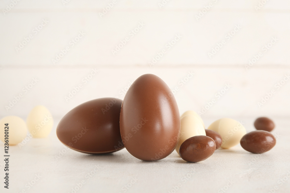 Wall mural Sweet chocolate eggs on white table