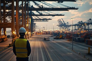 a logistic workers standing at the edge of a port, overlooking a freight ship being loaded with containers