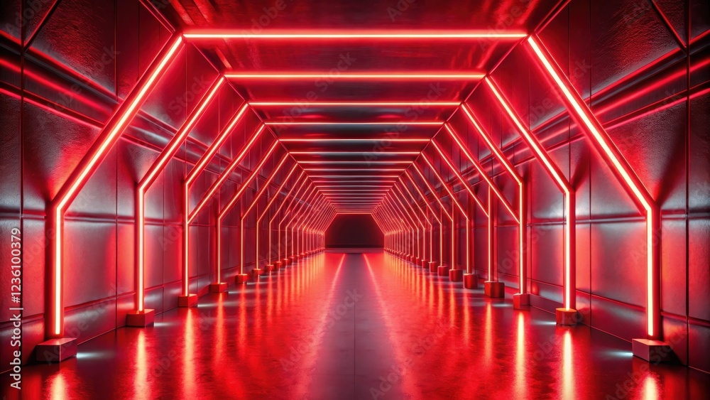 Poster A futuristic tunnel with red neon lights illuminating the dark and reflective floor and walls. The lights create a geometric pattern as they bounce off the sleek surfaces.