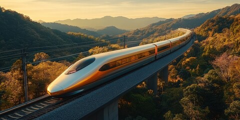 Fototapeta premium High-Speed Bullet Train Zipping Through Scenic Valley Surrounded by Lush Mountains and Vibrant Greenery During Golden Hour Light