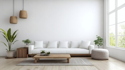 Minimalist Living Room Interior Design with White Sofa and Wooden Coffee Table