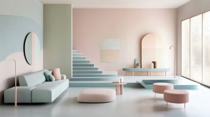 Serene Minimalist Living Room Interior with Pastel Colors and Modern Furniture