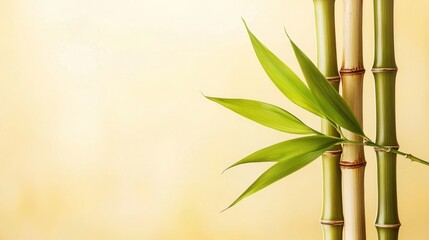 Green Bamboo Shoots and Leaves on Beige Background