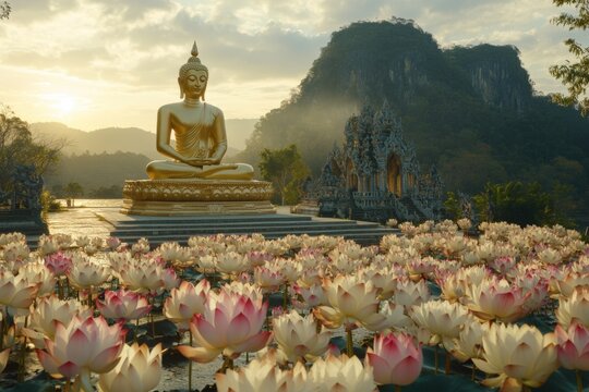 golden buddha statue surrounded by lotus