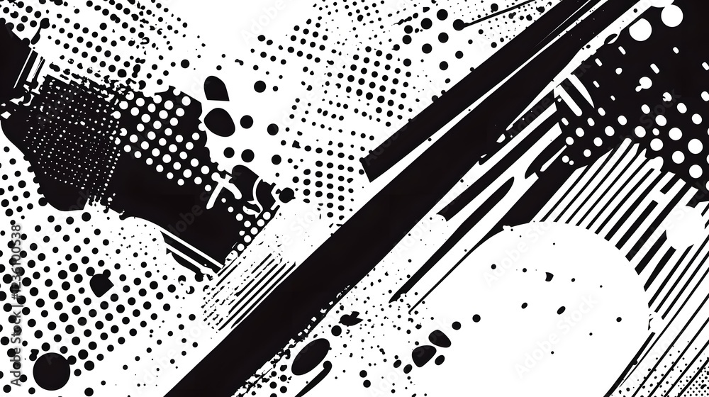 Poster Abstract black and white geometric minimal pattern background with halftone dots stripes and other graphic elements  Sleek sophisticated and contemporary design with a digital technological