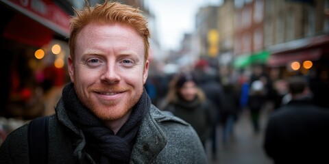 Fototapeta premium A man with red hair and a beard stands smiling in a bustling street market, surrounded by blurred figures and colorful stalls on a cloudy day