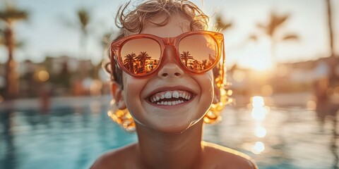A young boy with curly hair enjoys the moment, wearing oversized sunglasses that reflect palm trees and a vibrant sunset while playing by the poolside