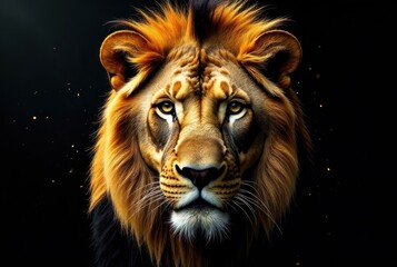 Fototapeta premium Majestic Lion Portrait A Powerful and Intense Gaze Against a Dark Background