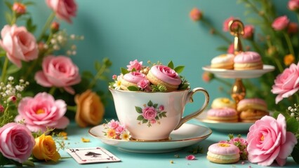 Fototapeta premium A Delicate Teacup Filled with Rose-Decorated Pastries, Surrounded by Blooming Roses and a Playing Card