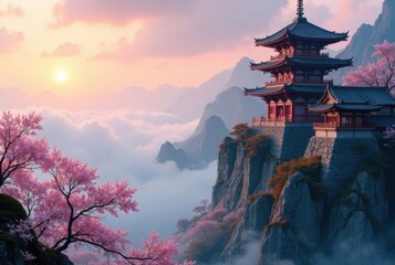 Fototapeta premium Serene Pagoda Perched on Misty Mountaintop at Sunrise, Embraced by Blooming Cherry Blossoms