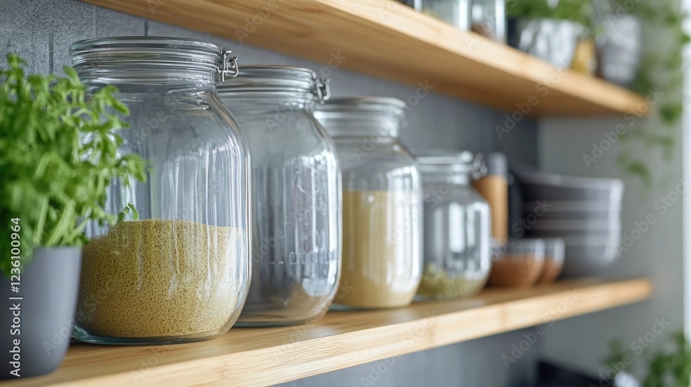 Poster shelf with glass jars containing various food items