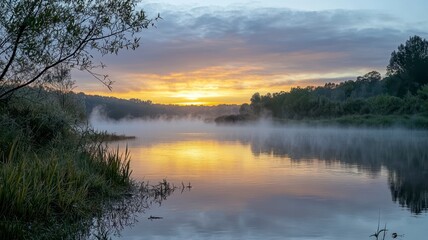 Fototapeta premium Peaceful river flowing soft ripples concept. A serene sunrise over a misty lake, reflecting vibrant colors in the water, surrounded by lush greenery and tranquil nature.