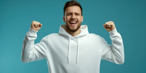 A young man in a white hoodie expresses excitement by raising his fists in celebration. His joyful smile adds to the energy of the moment against a bright blue backdrop