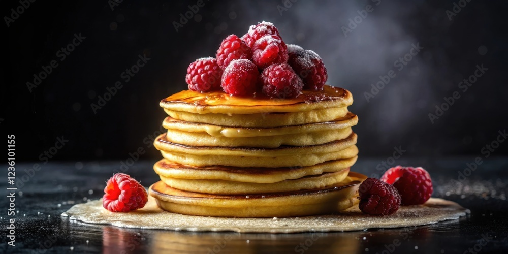 Poster a stack of golden brown pancakes drizzled with syrup and topped with fresh raspberries, surrounded b