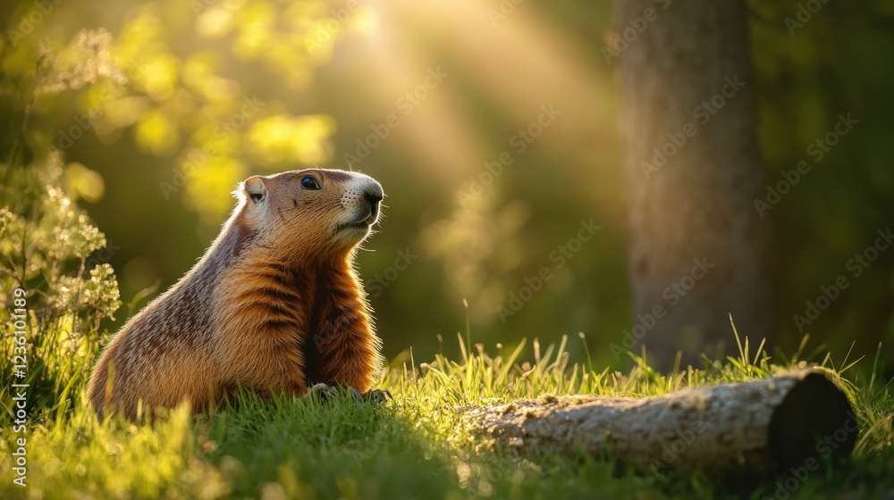 Poster A close-up view of a ground squirrel sitting in the grass next to a tree