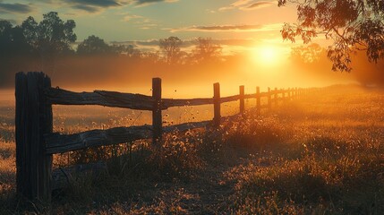 Sunrise over foggy field with wooden fence