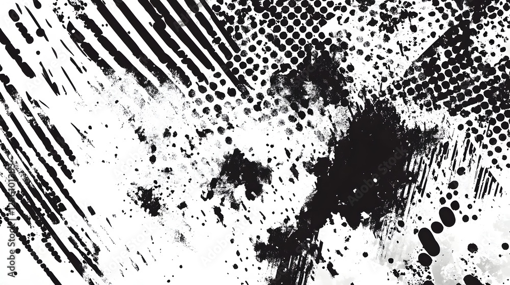Aufkleber abstract black and white grunge texture background design with splatter brush strokes and distressed