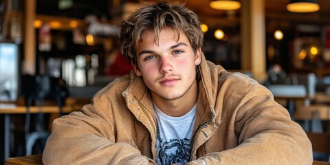 A young man sits comfortably in a cafe, wearing a light brown jacket and looking directly at the viewer. The warm lighting and relaxed ambiance create a welcoming vibe for patrons