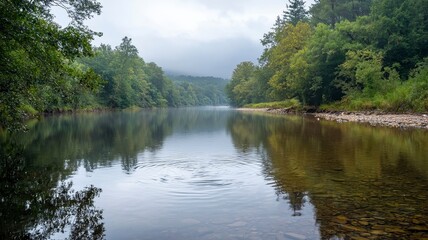 Fototapeta premium Peaceful river flowing soft ripples concept. A tranquil river scene with lush greenery and misty mountains in the background, reflecting calm waters under a cloudy sky.