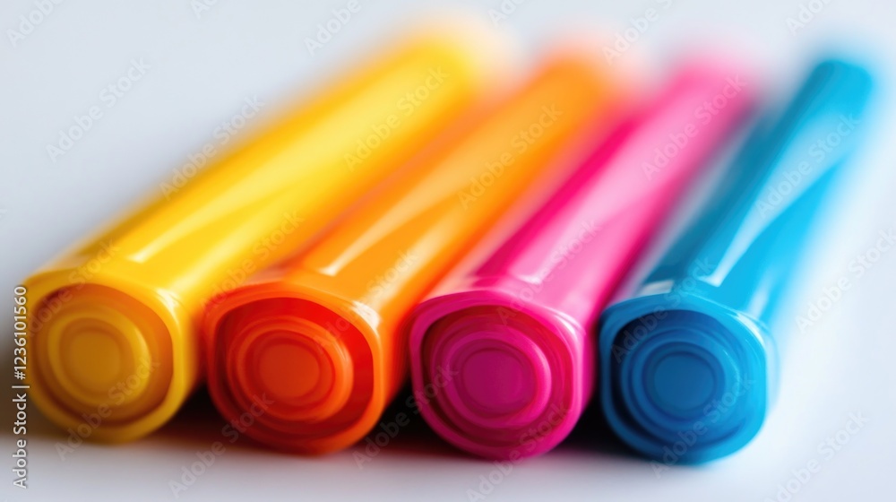 Poster a collection of colorful pens resting on a table surface, ideal for office or creative use