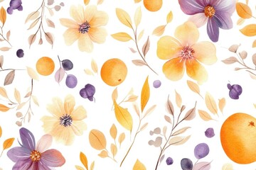 Fototapeta premium Vibrant floral pattern featuring yellow, purple and orange blooms against a white background, ideal for spring themed designs and invitations
