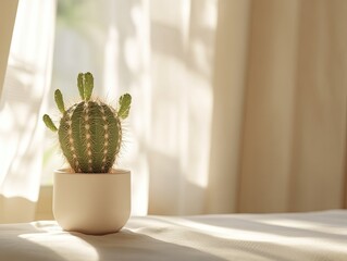 Cactus plant in a beige pot on a table near a window with curtains