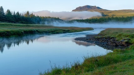 Peaceful river flowing soft ripples concept. A serene landscape featuring a misty river, lush greenery, and mountains under a clear sky, evoking tranquility and natural beauty.