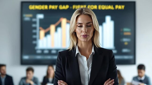 Woman Standing in Front of a Pay Gap Chart in an Office