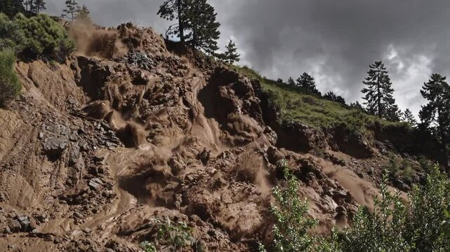 Mudslide Erupting from Fierce Mountainside, Natural Disaster in Action, Video, Generative AI