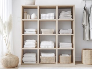Organized Wooden Shelf with Folded Towels and Woven Baskets in a Minimalist Style