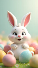 Fototapeta premium Whimsical Easter Bunny with Pastel Eggs: A Delightful 3D Spring Scene Full of Festive Cheer, Soft Colors, and Holiday Magic
