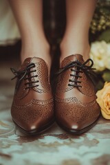 A close-up of a person's shoes on a bed, great for depicting intimate moments or personal space