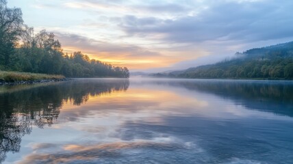 Peaceful river flowing soft ripples concept. A serene river landscape at sunrise, reflecting soft hues of orange and blue in the calm water, surrounded by lush trees and misty hills.